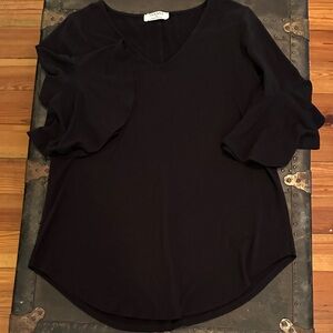 Elegant Black V-Neck Blouse with Ruffle Sleeves